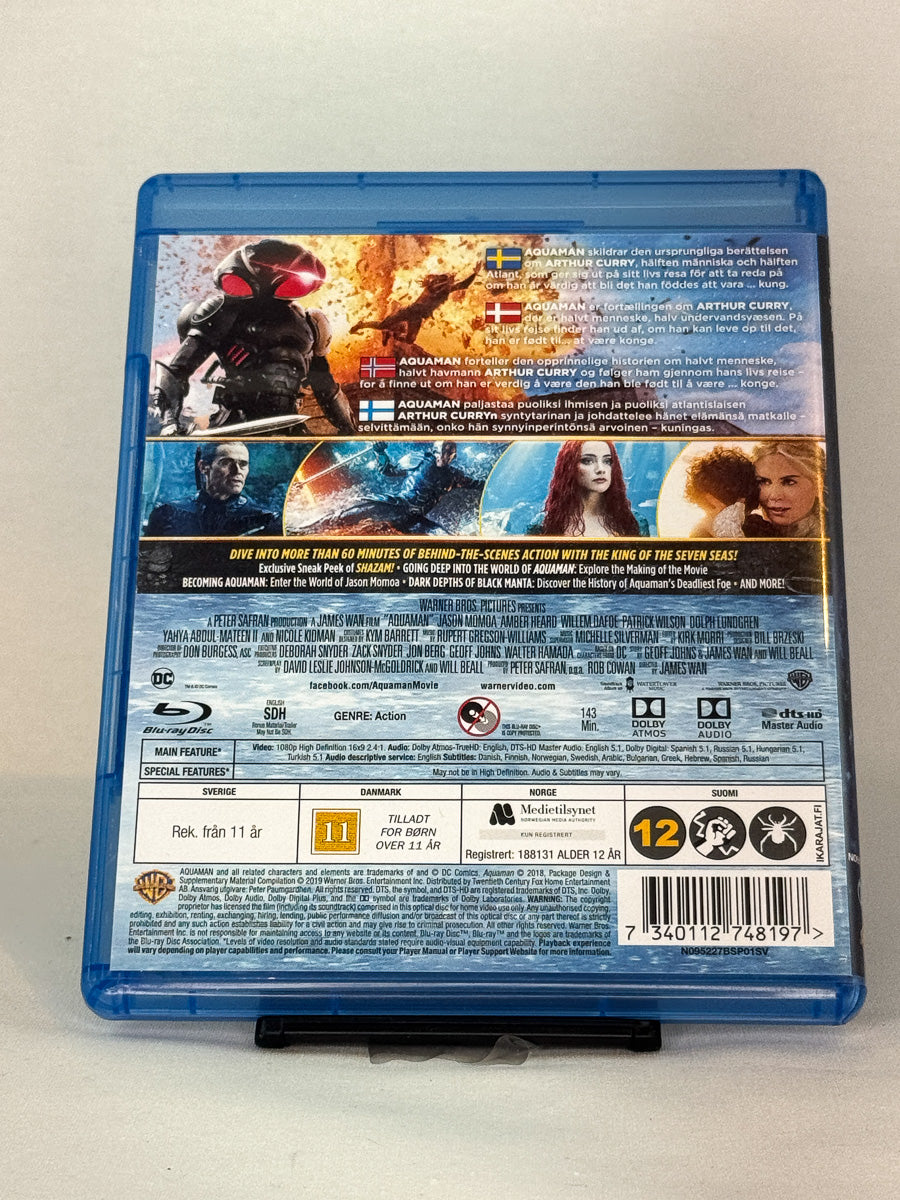 Bakside av Blu-ray-cover til Aquaman – tekniske spesifikasjoner og utgivelsesinfo, brukt Blu-ray hos Brukbar Film