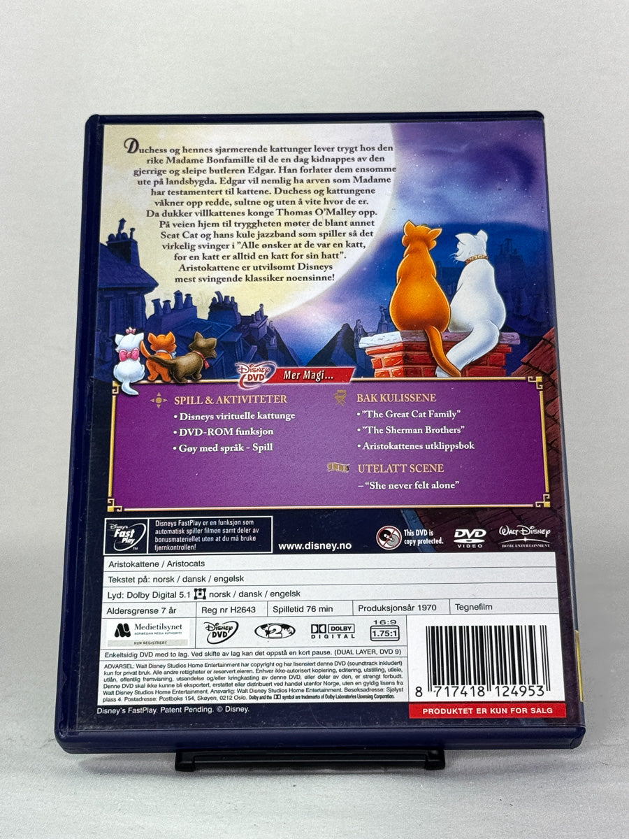 DVD-bakside til filmen Aristokattene  Spesialutgave
Baksiden viser info, spesifikasjoner og eventuell ekstratekst – produktbilde fra nettbutikken Brukbar Film