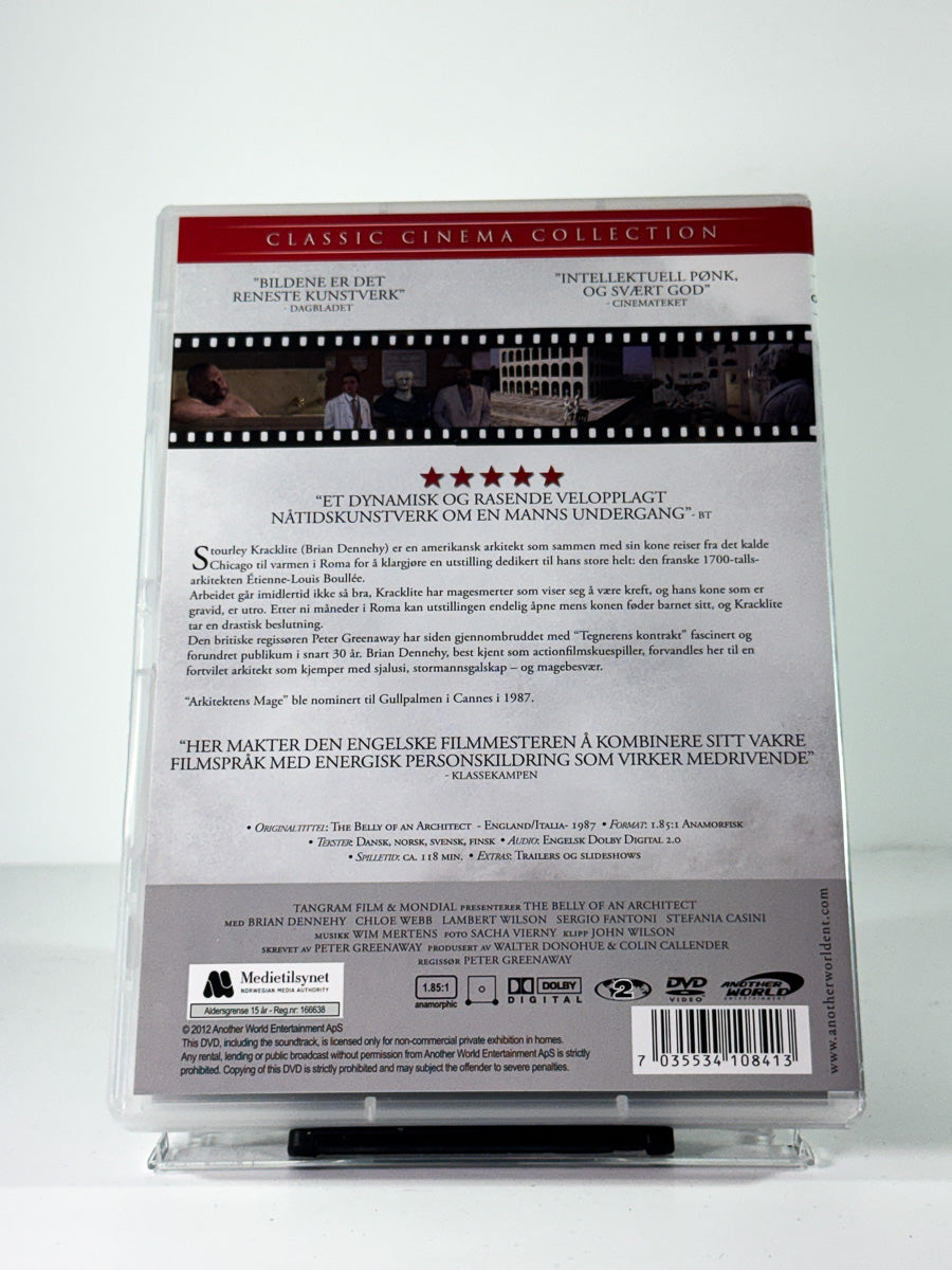 Bakside av cover til Arkitektens mage, brukt original DVD hos Brukbar Film
