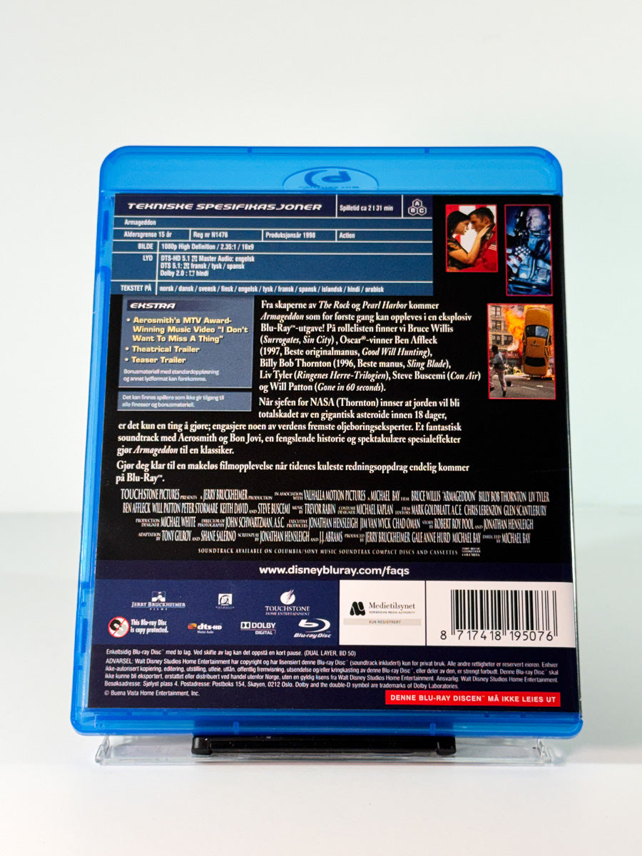 Bakside av cover til Armageddon på Blu-ray, brukt hos Brukbar Film