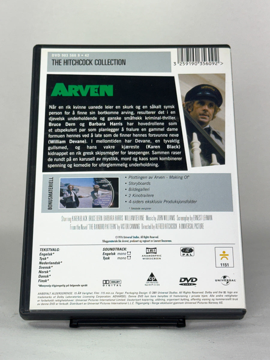 DVD-bakside til filmen Arven
Baksiden viser info, spesifikasjoner og eventuell ekstratekst – produktbilde fra nettbutikken Brukbar Film