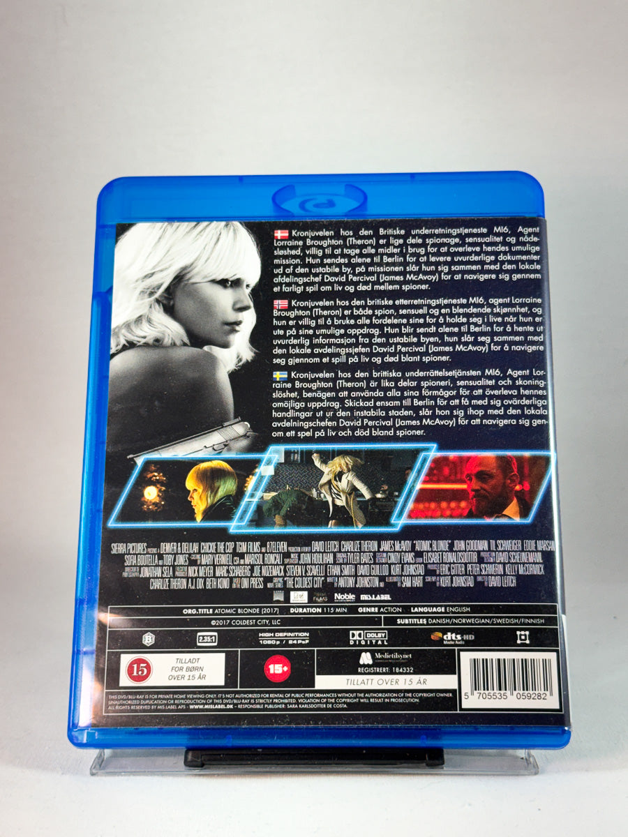 Bakside av cover til Atomic Blonde, brukt Blu-ray hos Brukbar Film