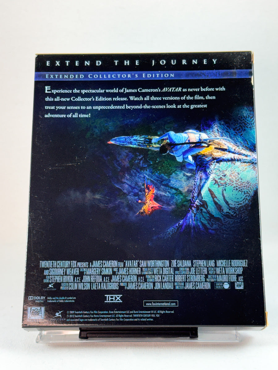 Bakside av Blu-ray-cover for Avatar – prisvinnende sci-fi-eventyr i høy oppløsning, original brukt Blu-ray-utgave tilgjengelig hos Brukbar Film.