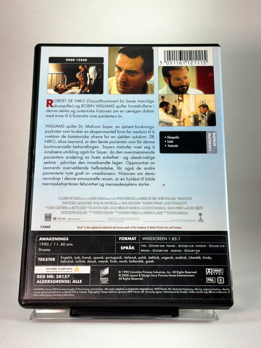 Awakenings – bakside av DVD-cover med rolleliste og teknisk info, brukt film hos Brukbar Film
