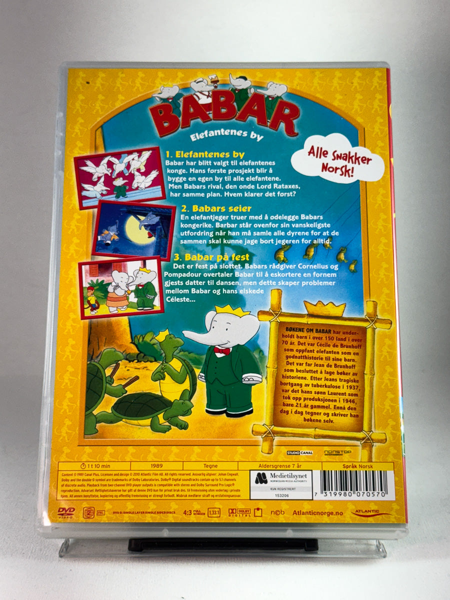 Bakside av DVD-cover til Babar – Elefantenes by, brukt DVD-utgave med norsk tale og informasjon om episodene hos Brukbar Film