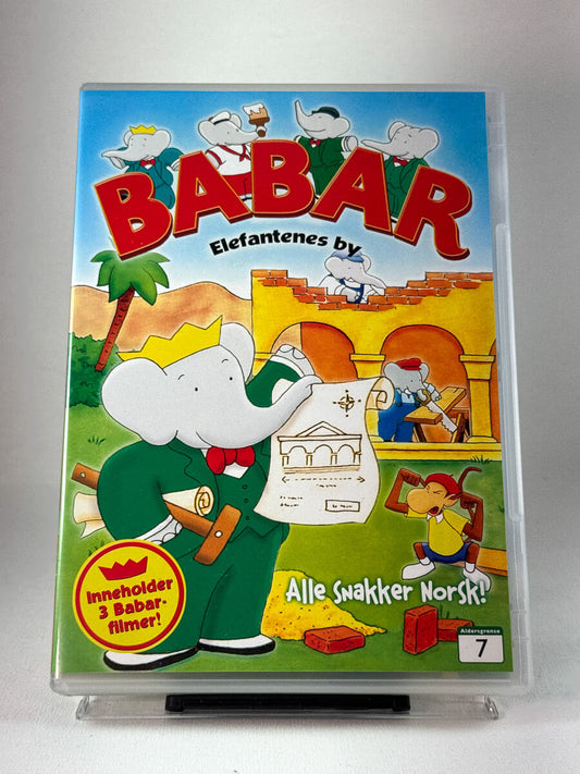 Forside av DVD-cover til Babar – Elefantenes by, brukt familiefilm med tre klassiske Babar-episoder hos Brukbar Film