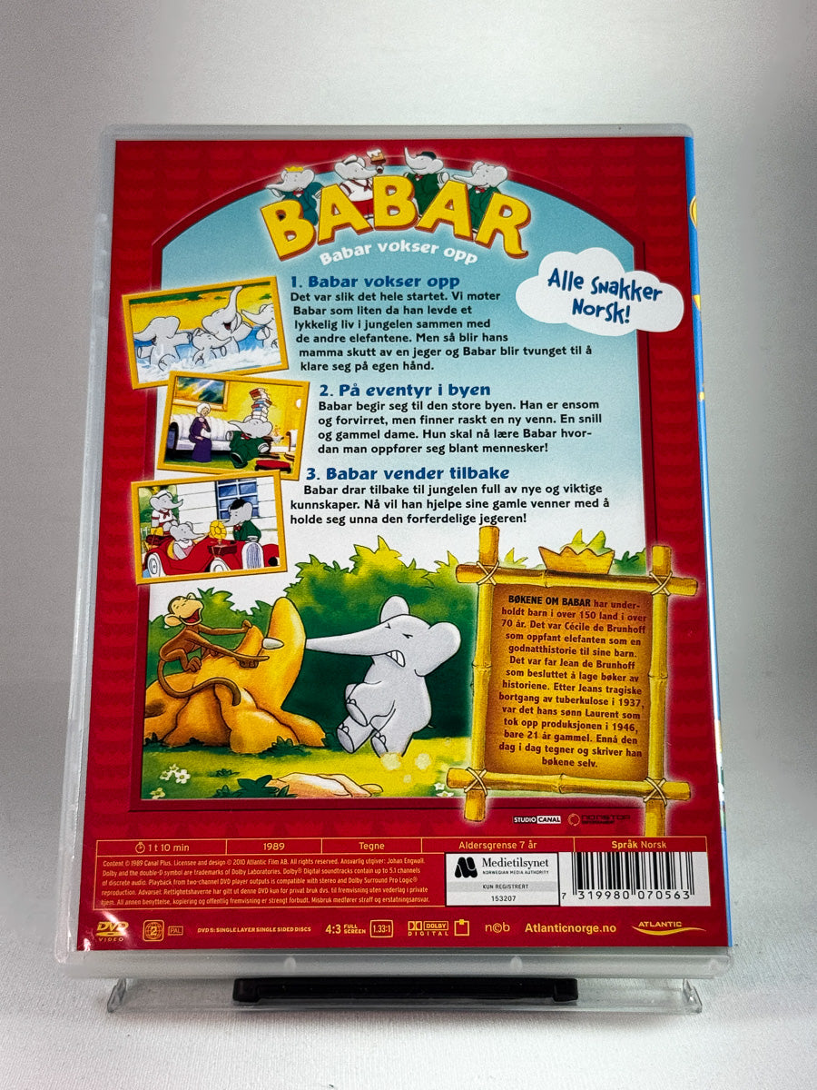 Bakside av DVD-cover til Babar – Babar vokser opp, brukt DVD-utgave med episodetekster og norsk tale hos Brukbar Film