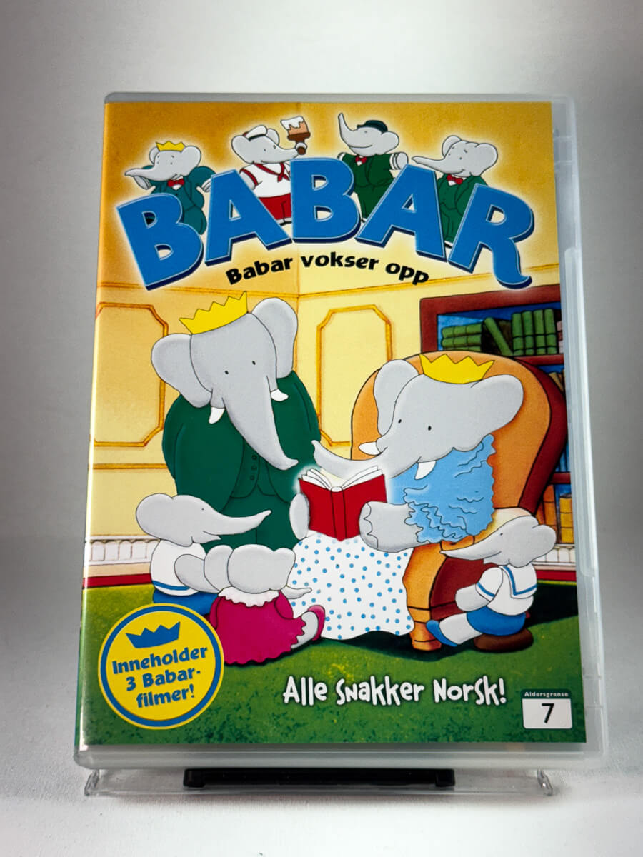 Forside av DVD-cover til Babar – Babar vokser opp, brukt familietittel med tre animerte historier hos Brukbar Film
