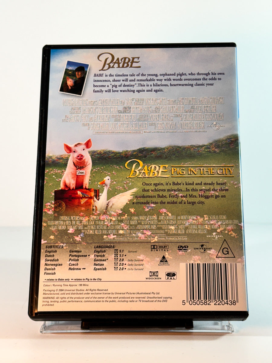 Bakside av cover til babe and babe pig in the city, brukt original DVD hos Brukbar Film