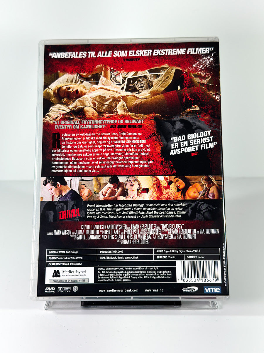 Bakside av cover til Bad Biology, brukt original DVD hos Brukbar Film