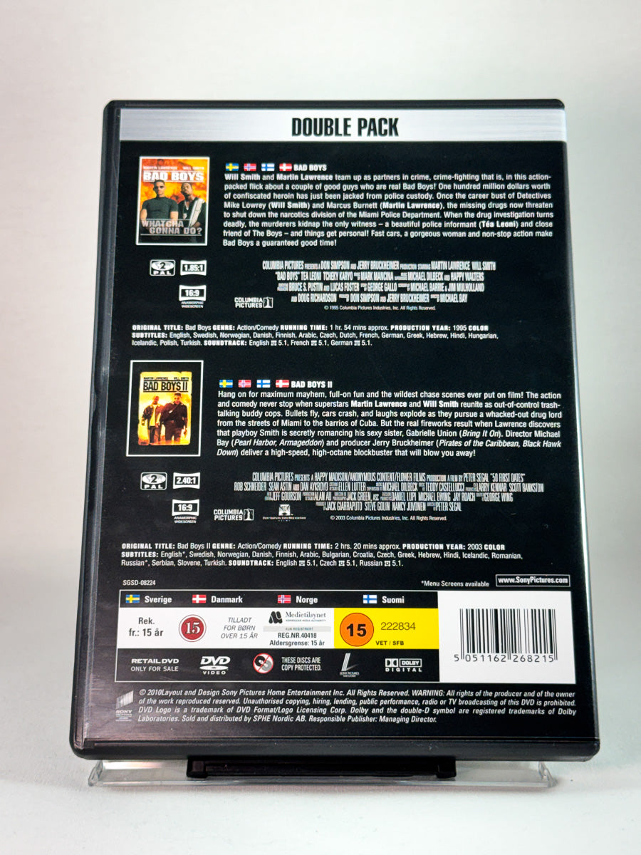 Bakside av cover til Bad Boys / Bad Boys II, brukt original DVD utgivelse hos Brukbar Film