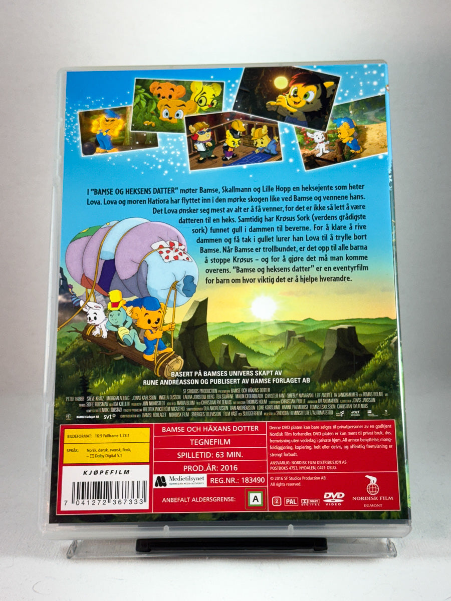 Bakside av DVD-cover til Bamse og heksens datter, bilde av innhold og spesifikasjoner fra brukt DVD hos Brukbar Film.