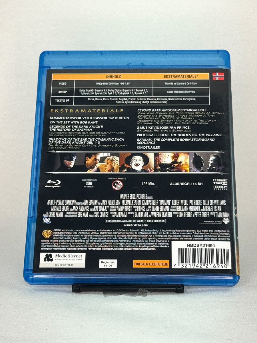 Bakside av Blu-ray-coveret til Batman (1989) – detaljer om film, spesifikasjoner og ekstramateriale fra Brukbar Film