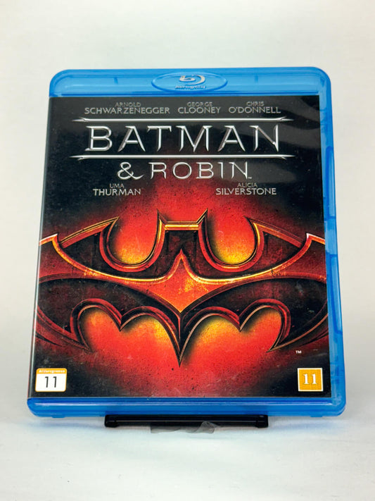 Forside av Blu-ray-coveret til Batman & Robin – superheltfilm fra 1997 med George Clooney og Arnold Schwarzenegger, brukt originalfilm hos Brukbar Film