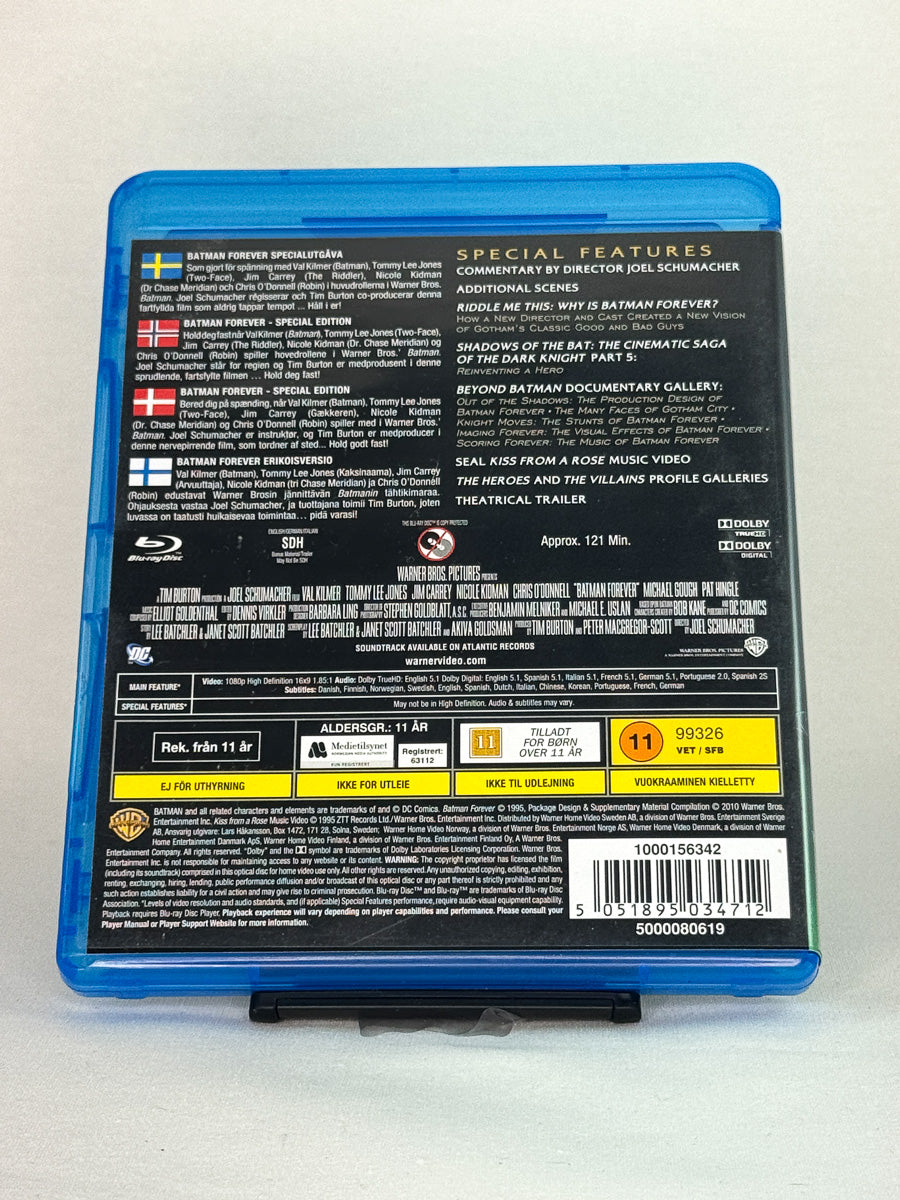 Bakside av Blu-ray-coveret til Batman Forever – spesifikasjoner, språk og ekstramateriale, brukt Blu-ray hos Brukbar Film
