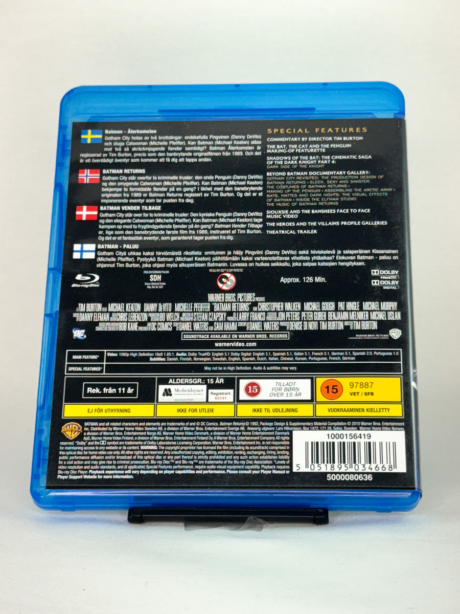 Bakside av Blu-ray-coveret til Batman Returns – spesifikasjoner og ekstramateriale, brukt Blu-ray tilgjengelig hos Brukbar Film