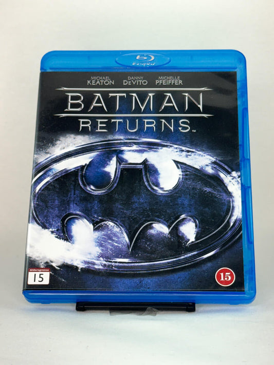 Forside av Blu-ray-coveret til Batman Returns – mørk superheltfilmklassiker fra Tim Burton, brukt originalfilm hos Brukbar Film