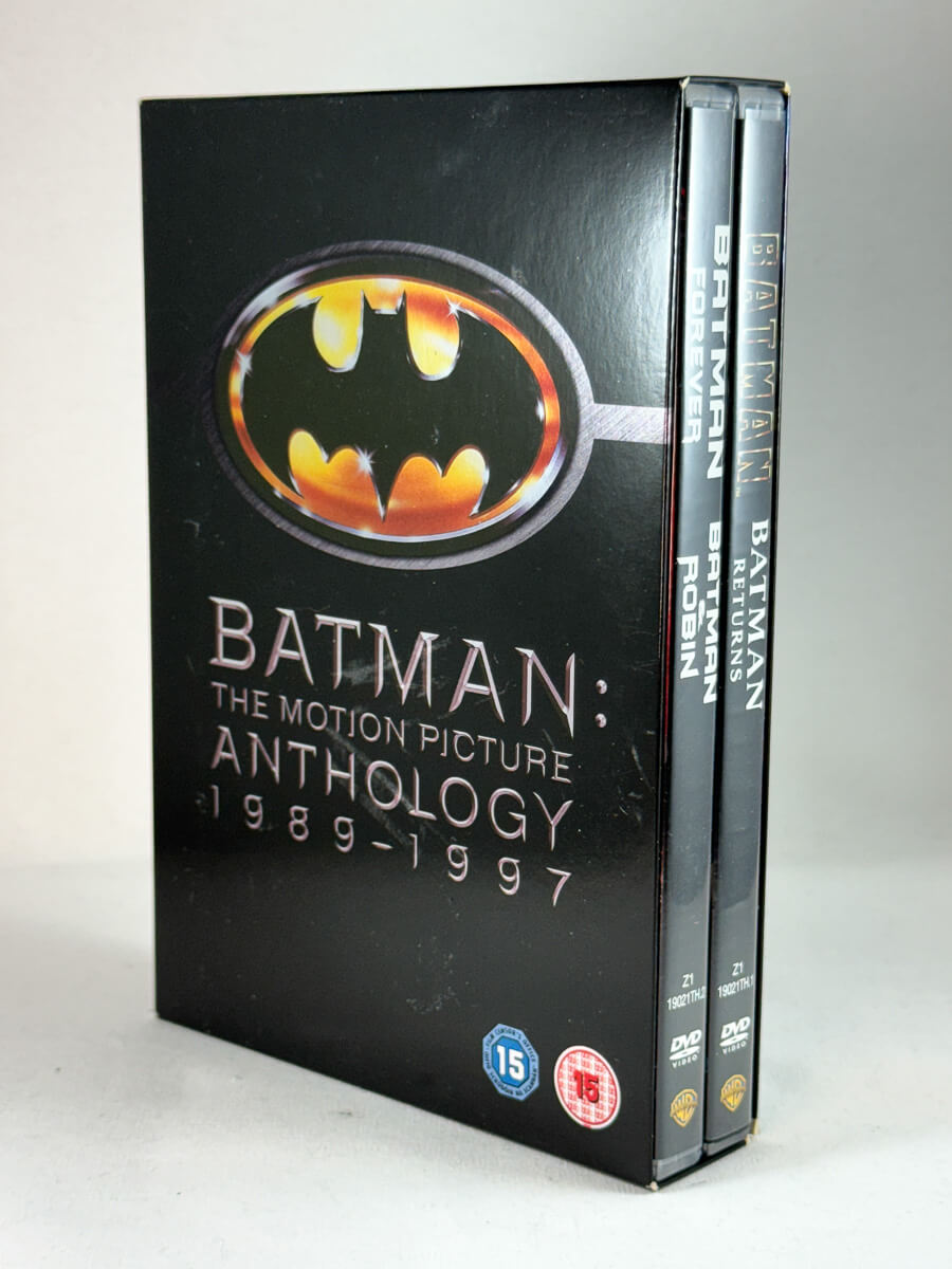 Forside av DVD-coveret til Batman: The Motion Picture Anthology 1989–1997, klassisk superhelt-samleboks i brukt DVD-format hos Brukbar Film.