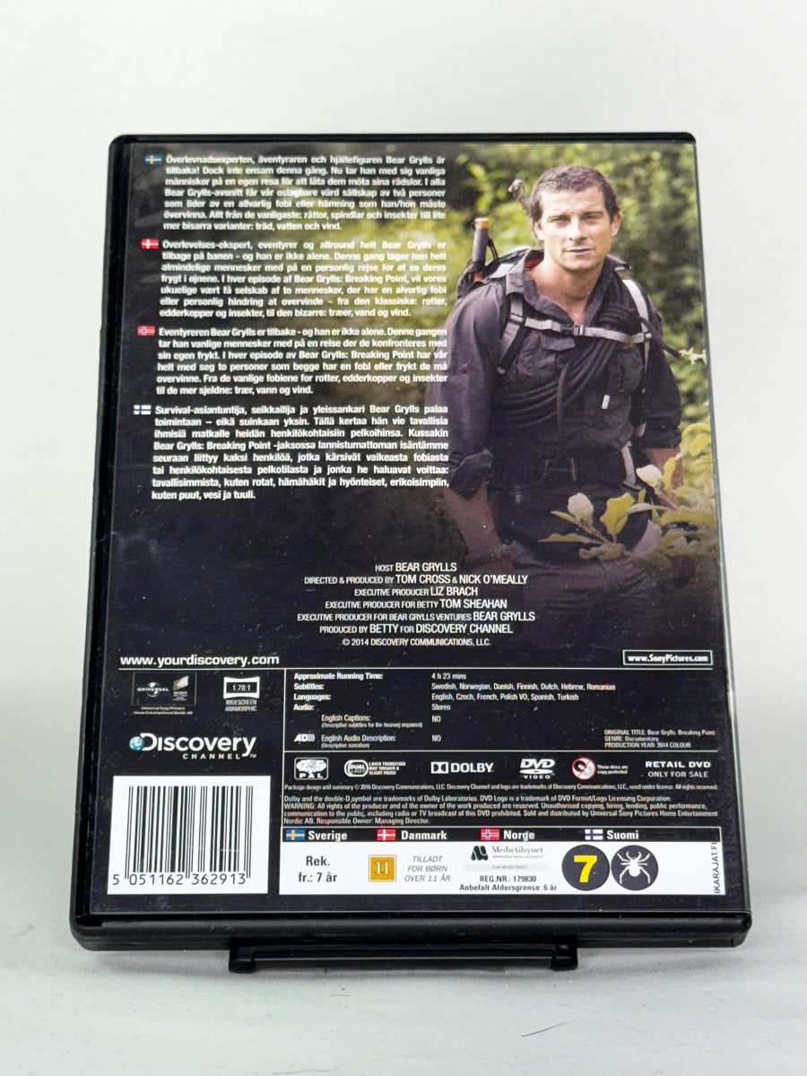 Bakside av Bear Grylls: Breaking Point – spennende overlevelsesdokumentar fra Discovery Channel, brukt 2-disc DVD-utgave fra Brukbar Film.