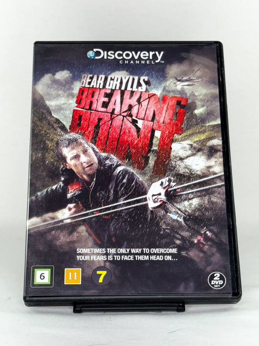 Forside av DVD-cover til Bear Grylls: Breaking Point – Discovery Channel-serie der Bear Grylls utfordrer menneskers grenser i naturens ekstreme omgivelser, tilgjengelig hos Brukbar Film.