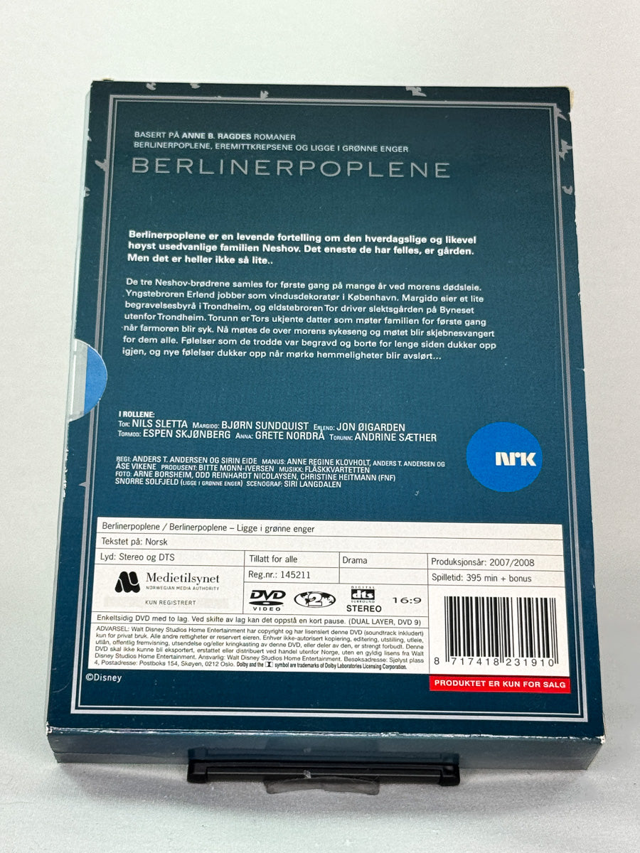Bakside av DVD-cover til Berlinerpoplene, brukt norsk TV-serie på DVD, basert på bøker av Anne B. Ragde, tilgjengelig hos Brukbar Film.