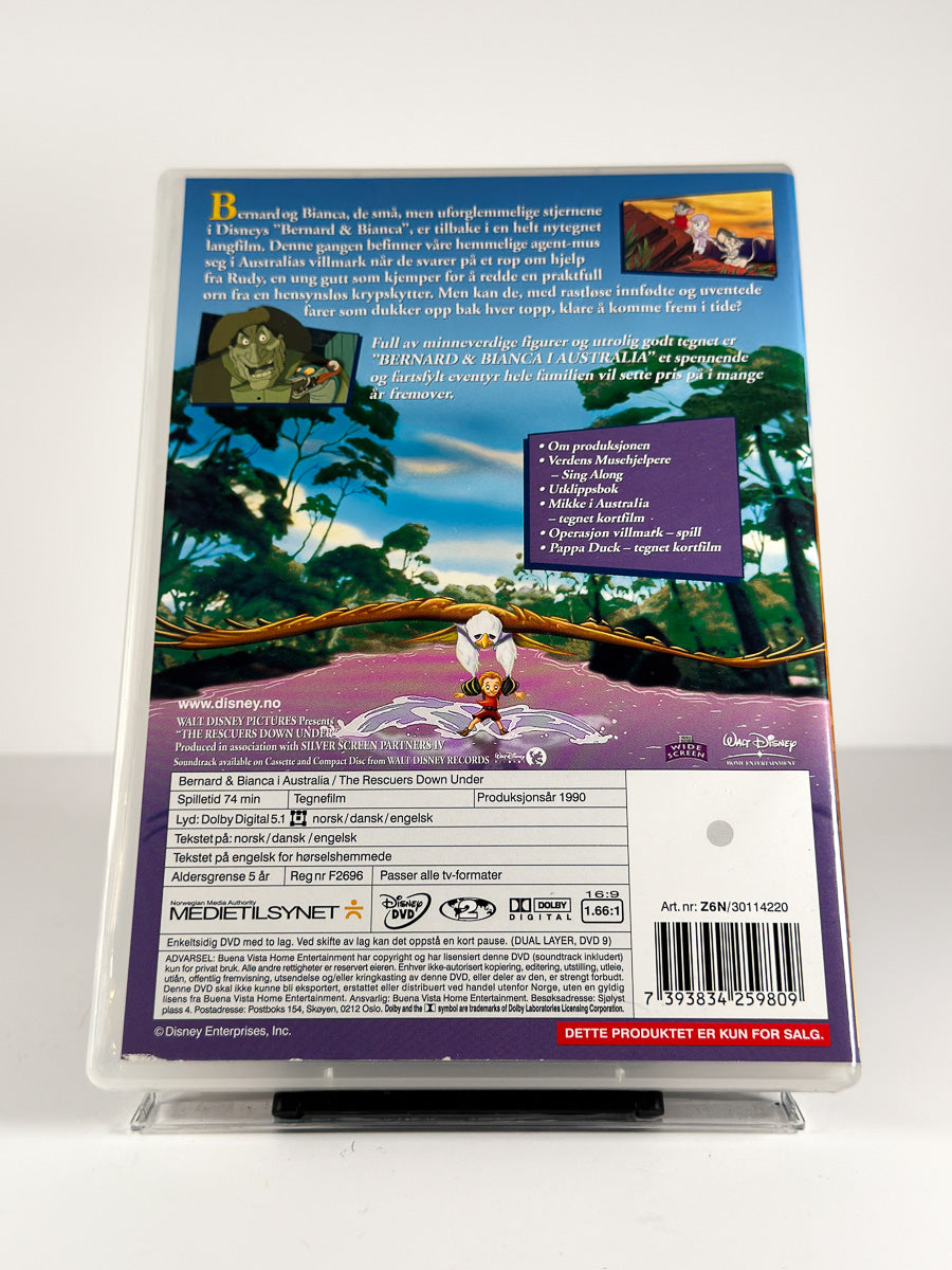 Bakside av cover til Bernard & Bianca i Australia på DVD