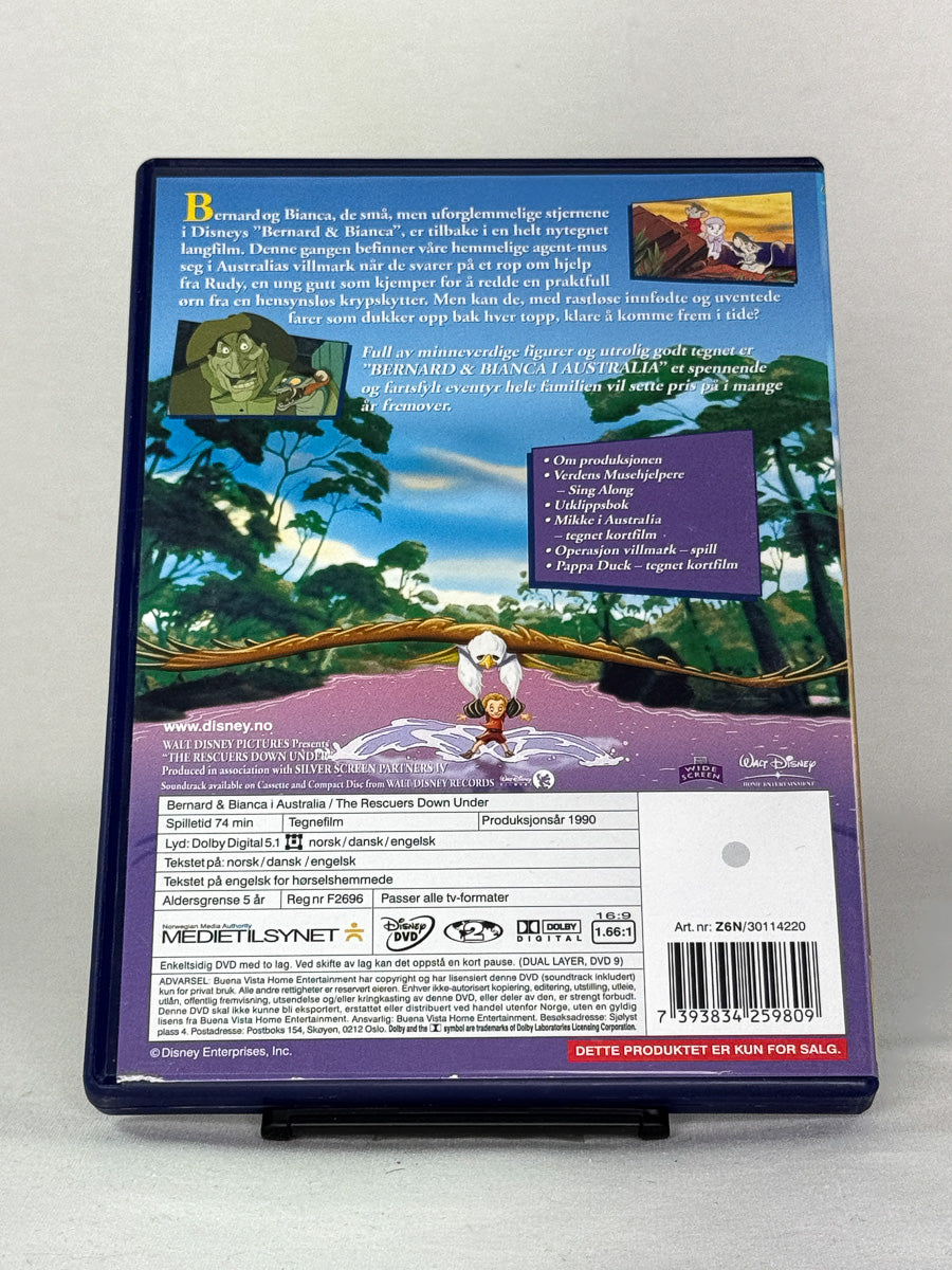 DVD-bakside til filmen Bernard & Bianca i Australia
Baksiden viser info, spesifikasjoner og eventuell ekstratekst – produktbilde fra nettbutikken Brukbar Film