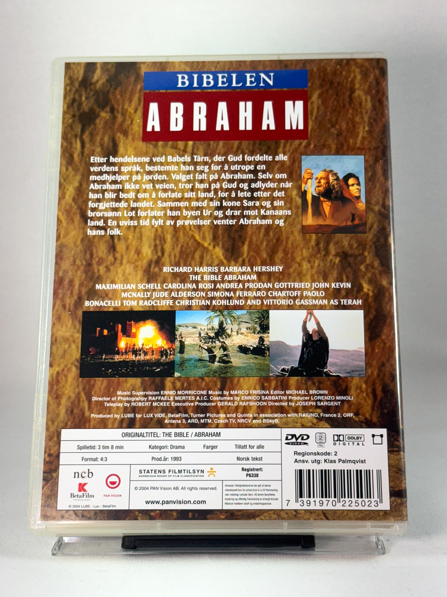 Bakside av DVD-cover for Bibelen: Abraham – historien om troens far gjenfortalt i storslått filmform, brukt DVD hos Brukbar Film.