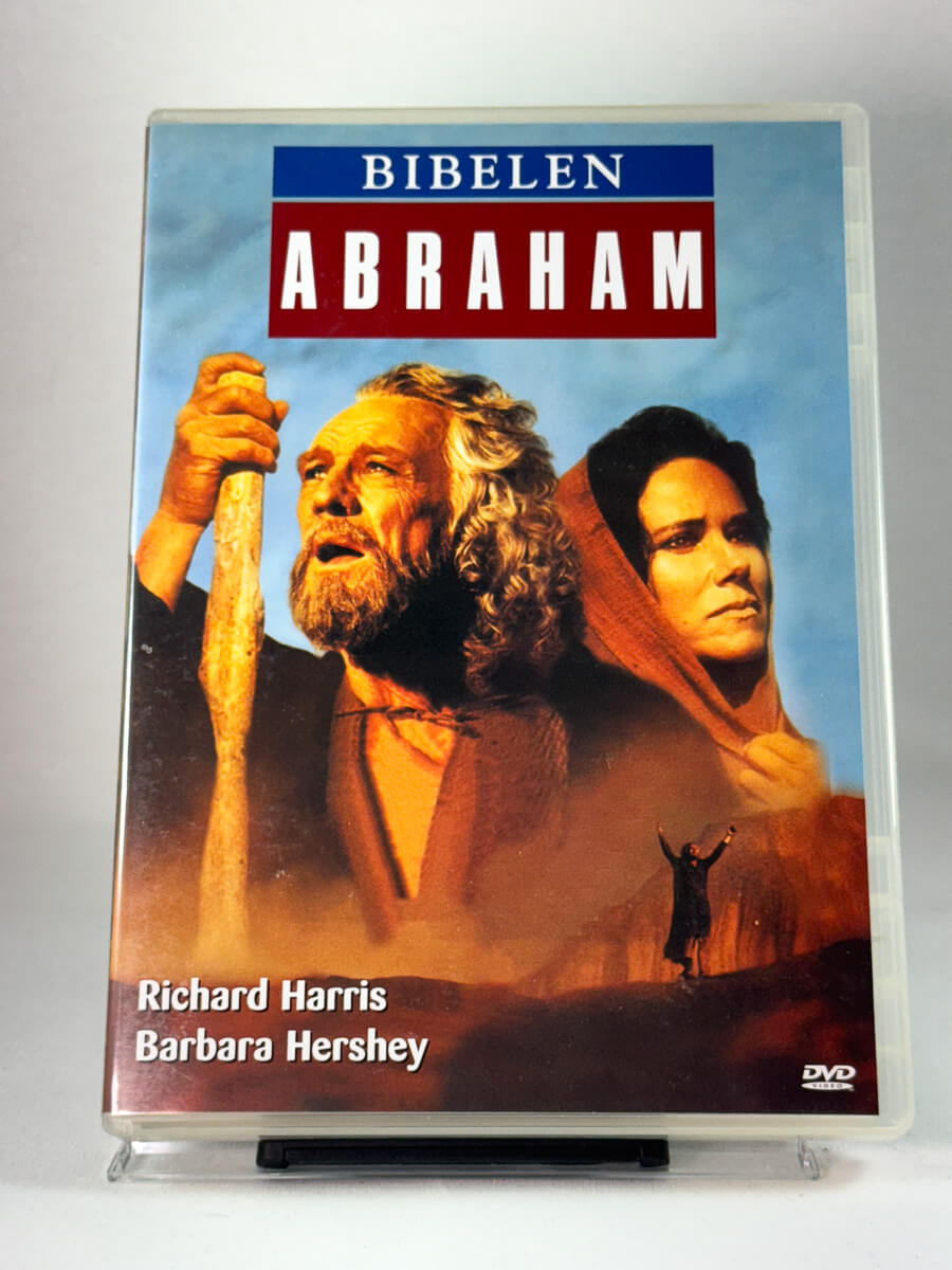 Forside av DVD-cover til Bibelen: Abraham – bibelsk drama med Richard Harris og Barbara Hershey, brukt film hos Brukbar Film.