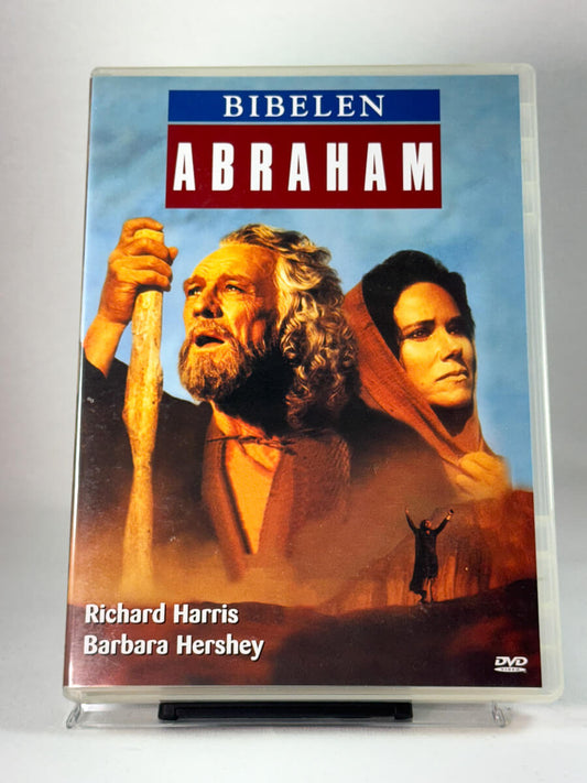 Forside av DVD-cover til Bibelen: Abraham – bibelsk drama med Richard Harris og Barbara Hershey, brukt film hos Brukbar Film.