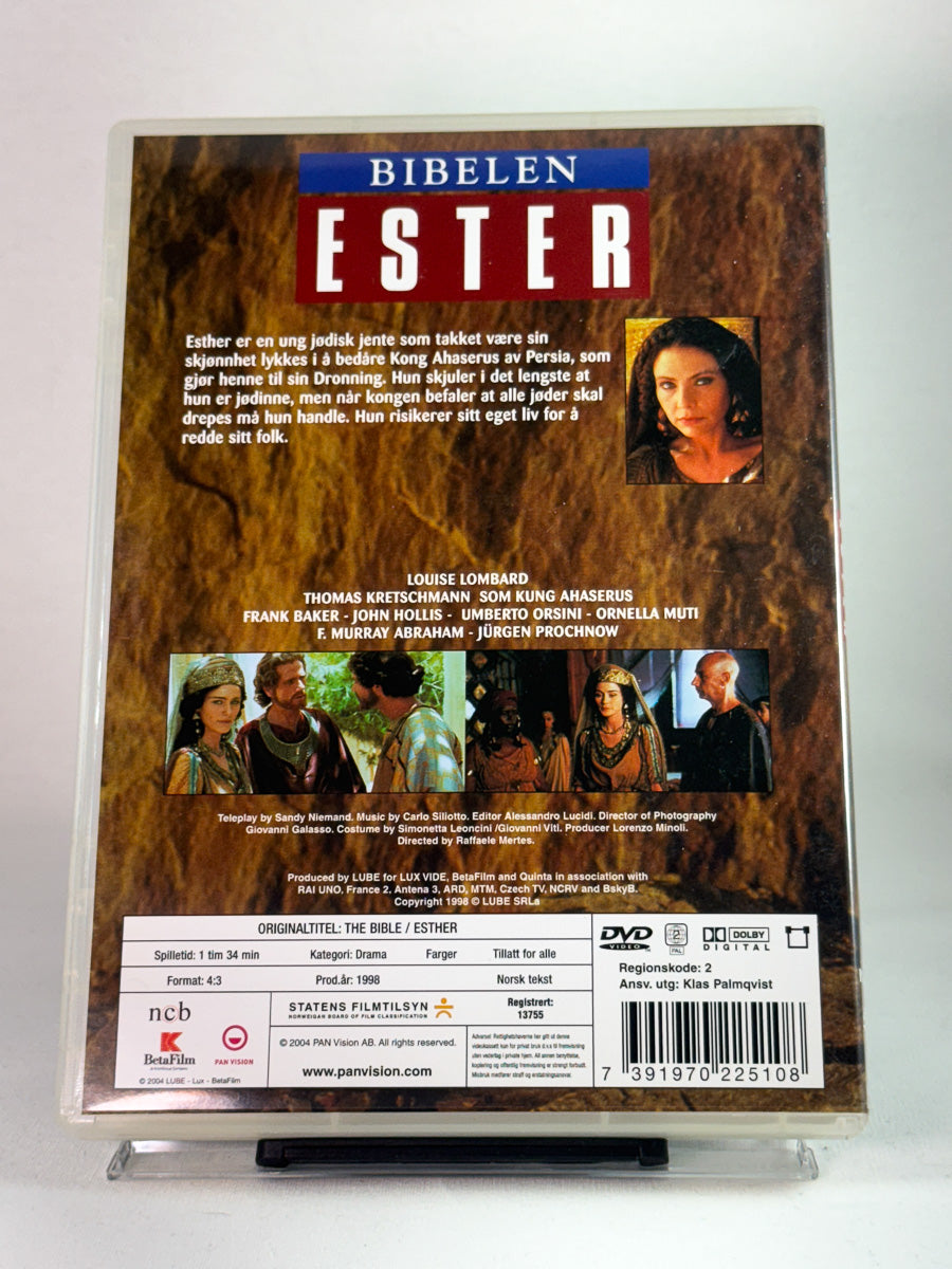 Bakside av DVD-cover for Bibelen: Ester – bibelsk drama med F. Murray Abraham og Ornella Muti, brukt DVD tilgjengelig hos Brukbar Film