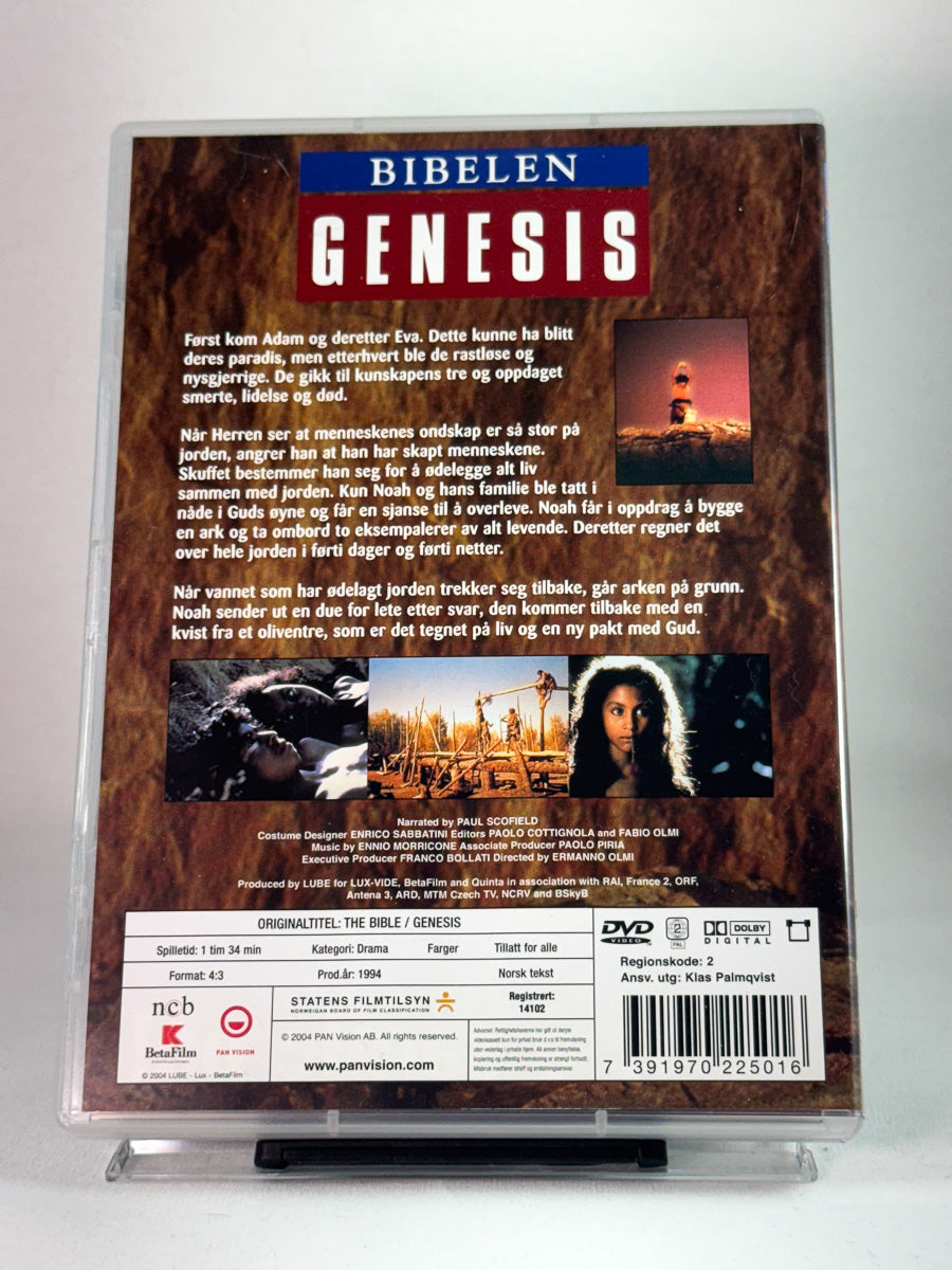 Bakside av DVD-cover for Bibelen: Genesis – fortellingen om begynnelsen på alt, brukt originalfilm på DVD hos Brukbar Film.