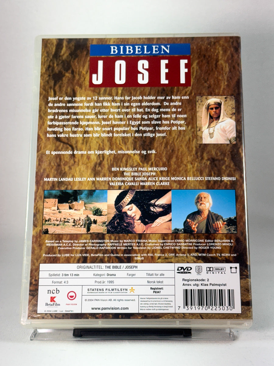 Bakside av DVD-cover for Bibelen: Josef – inspirerende bibelsk drama om Josefs vei fra fangenskap til makt, brukt DVD hos Brukbar Film.