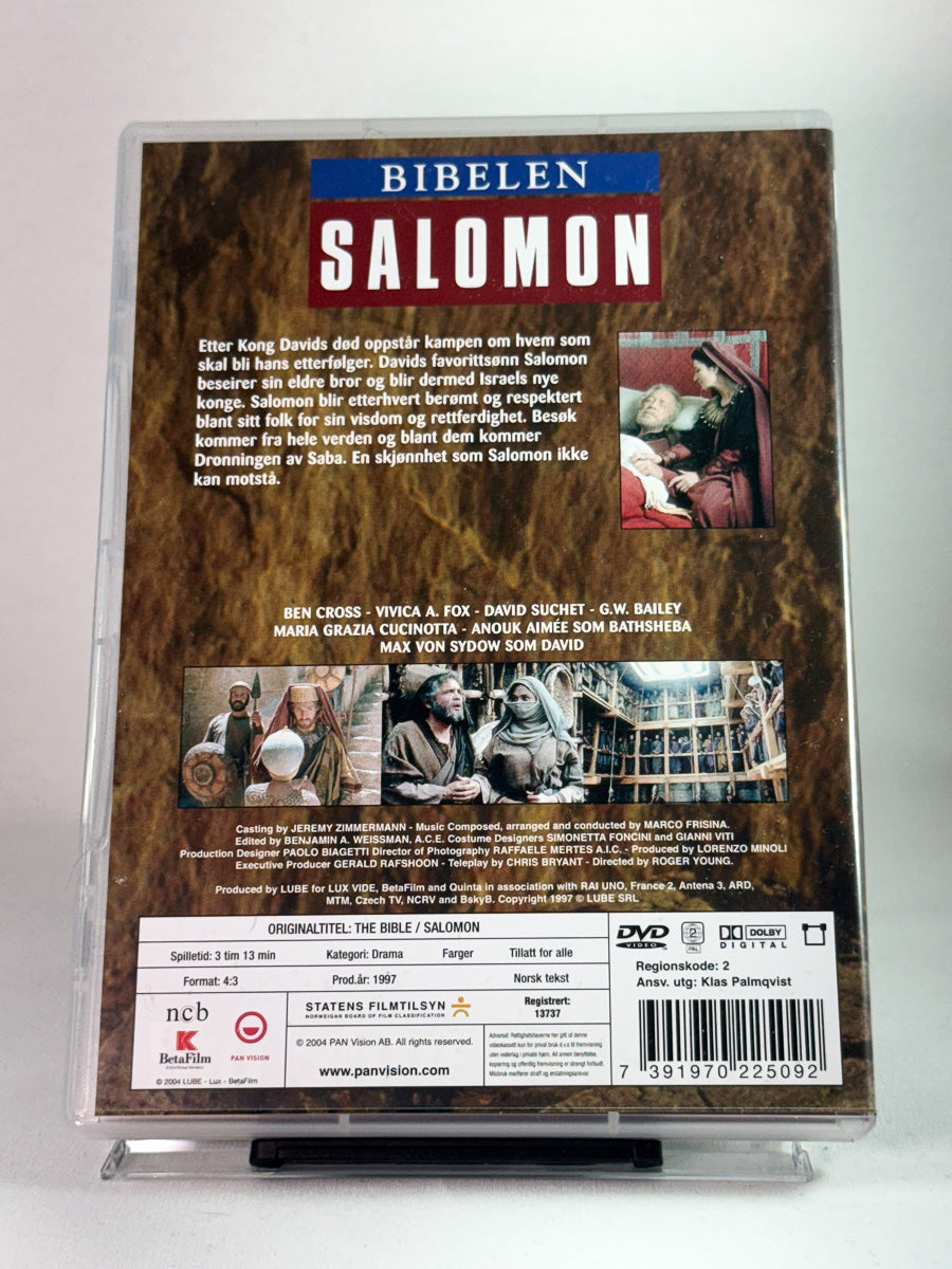 Bakside av DVD-cover for Bibelen: Salomon – bibelsk epos om visdom, makt og tro, brukt DVD hos Brukbar Film.