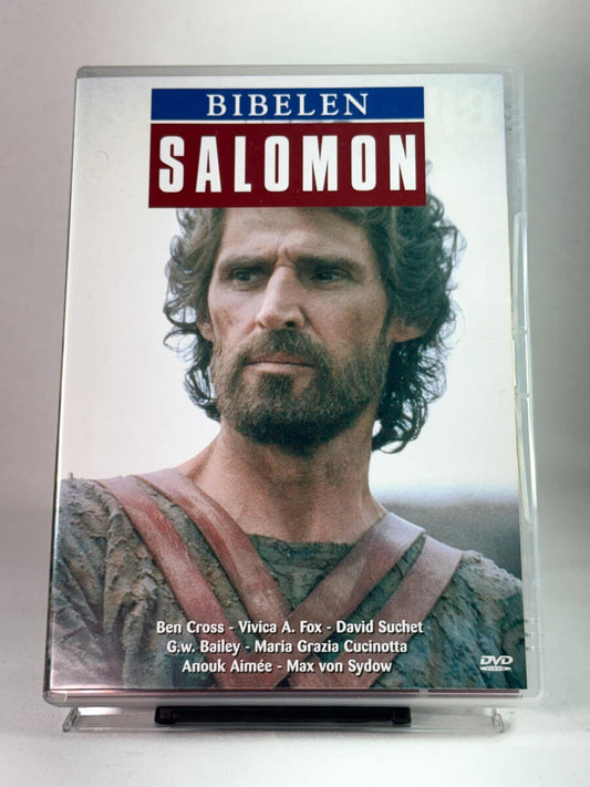 Forside av DVD-cover til Bibelen: Salomon – Ben Cross i rollen som den vise kongen, med Max von Sydow og Vivica A. Fox, brukt film på DVD hos Brukbar Film.