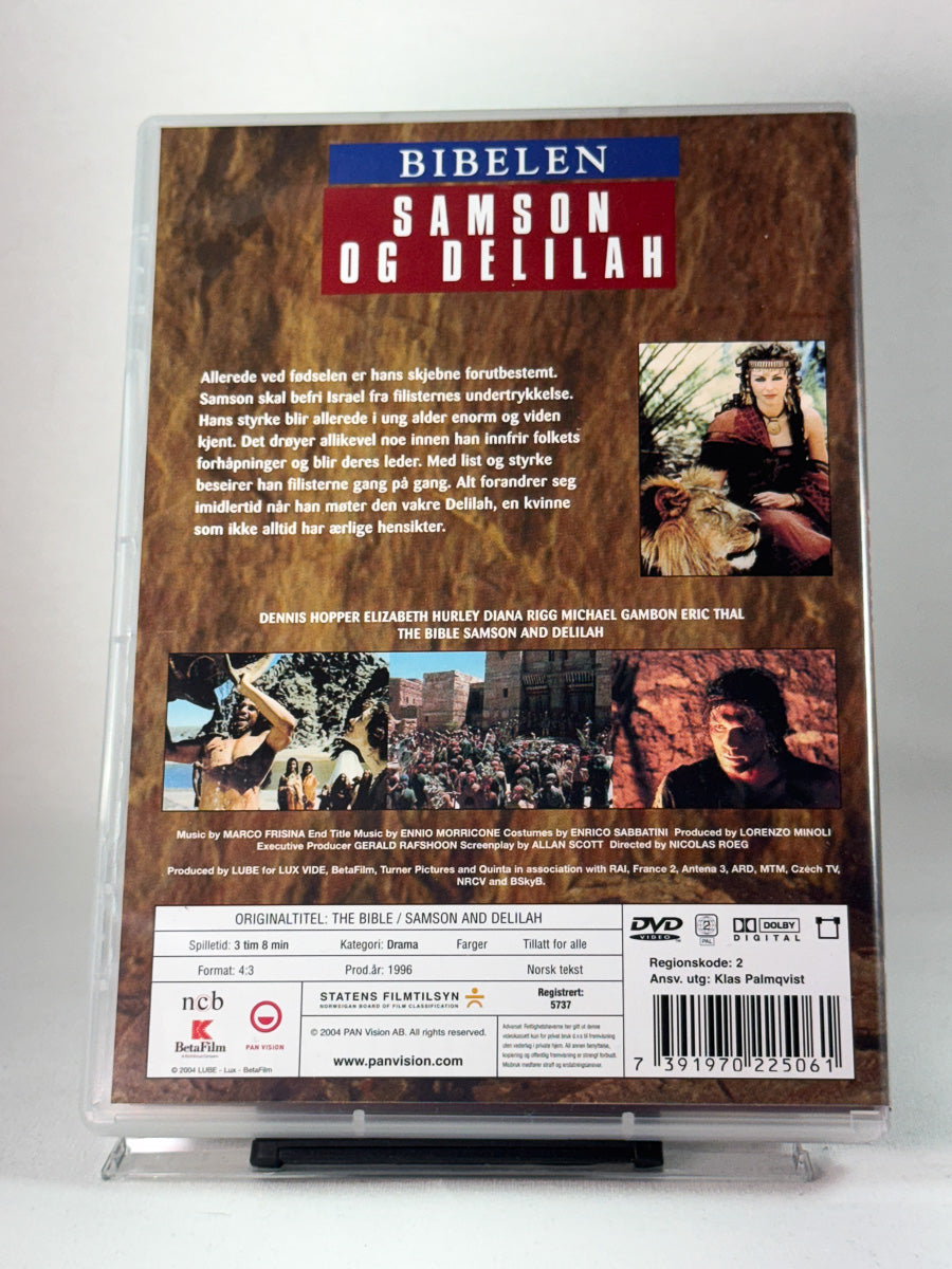 Bakside av DVD-cover for Bibelen: Samson og Delilah – dramatisk bibelhistorie med Diana Rigg og Michael Gambon, brukt originalfilm på DVD hos Brukbar Film.