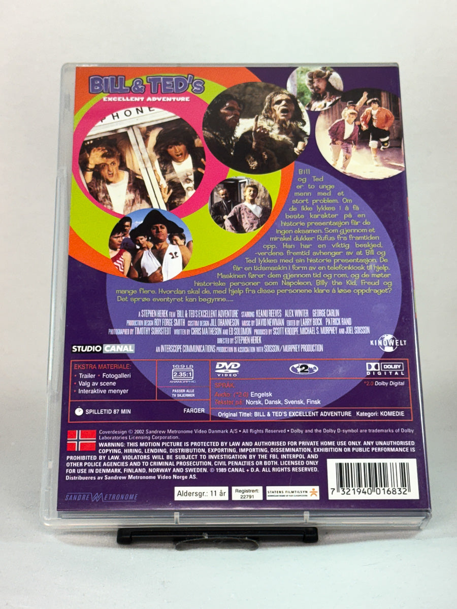 Bakside av DVD-cover til Bill & Ted’s Excellent Adventure, brukt original DVD hos Brukbar Film