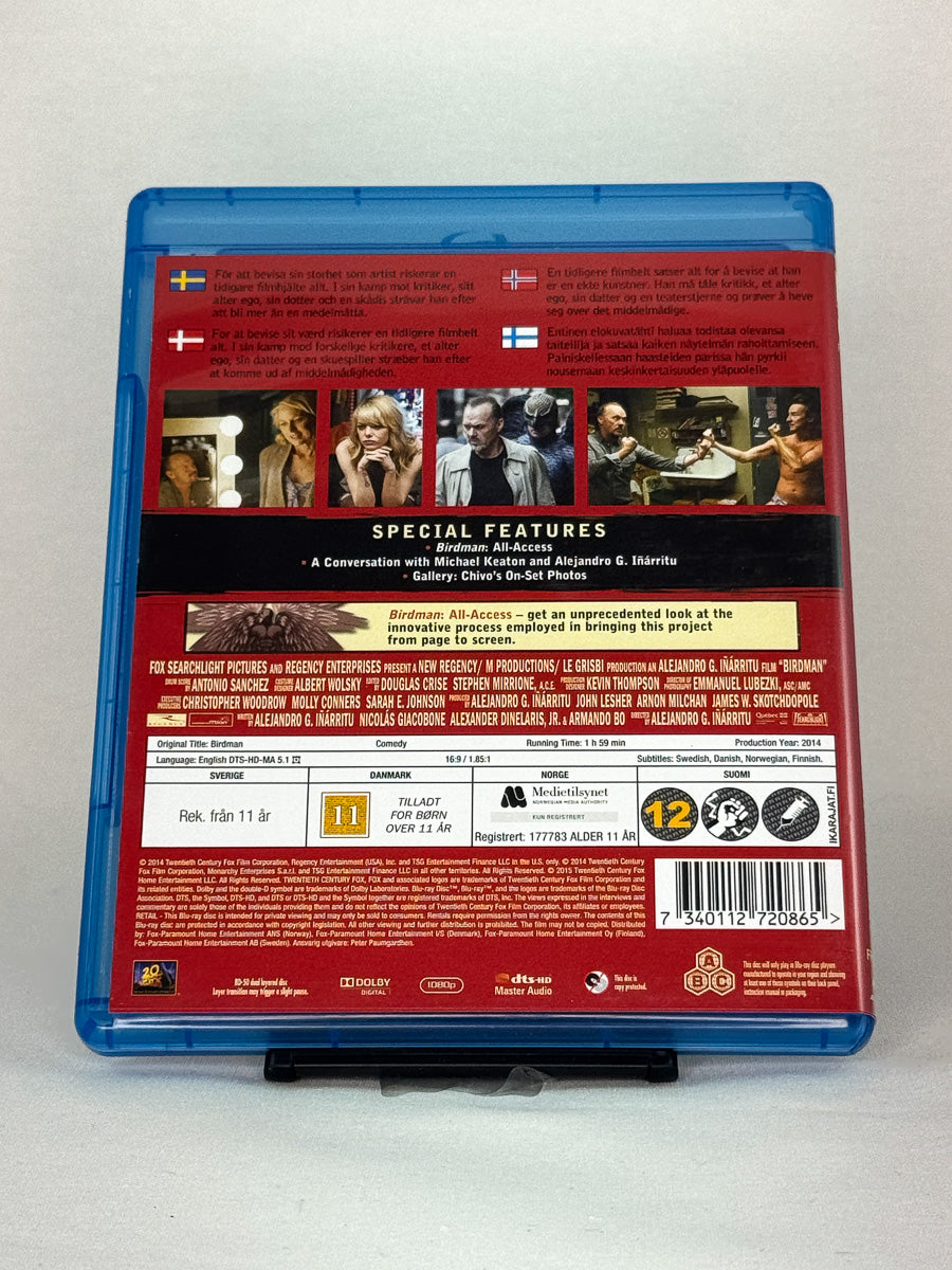 Bakside av Blu-ray-cover til Birdman – Oscar-belønnet film på brukt Blu-ray tilgjengelig hos Brukbar Film
