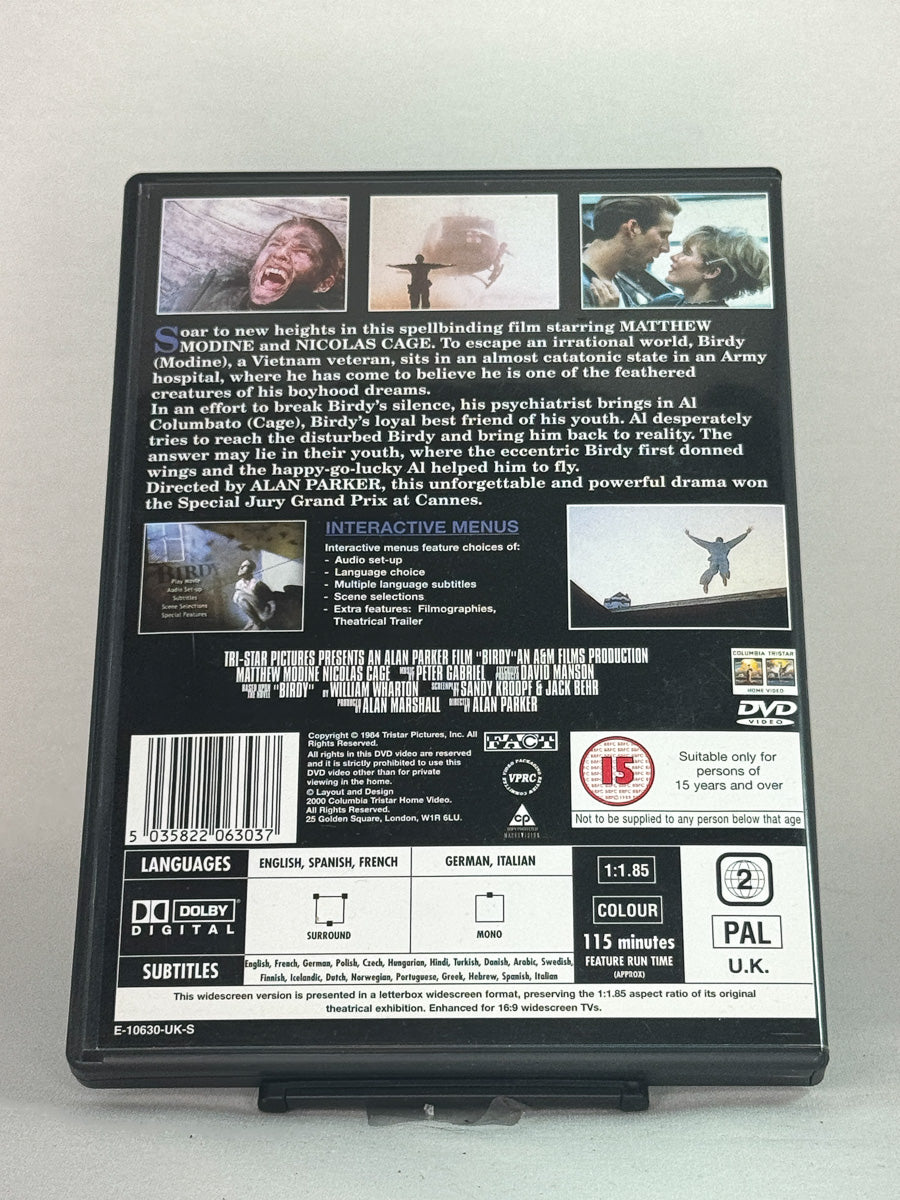 Bakside av DVD-cover til Birdy – brukt utgave med filmomtale og spesifikasjoner, original fra Brukbar Film