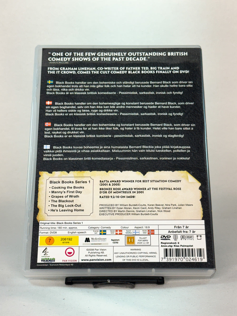 Bakside av DVD-cover til Black Books – Series 1, original britisk komiserie – brukt DVD fra Brukbar Film