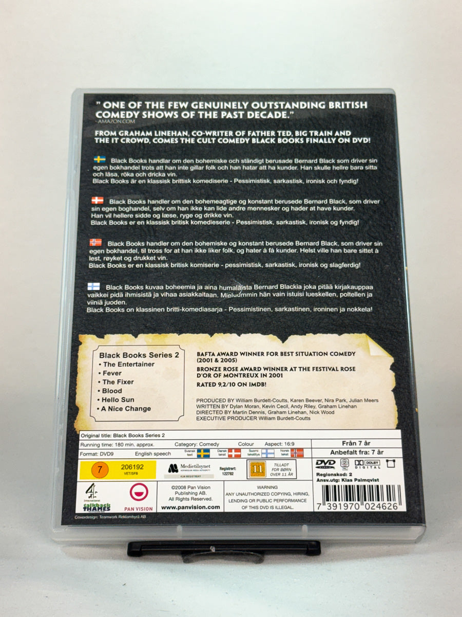 Baksidebilde av Black Books – Series 2 DVD-cover, klassisk britisk humorserie tilgjengelig hos Brukbar Film