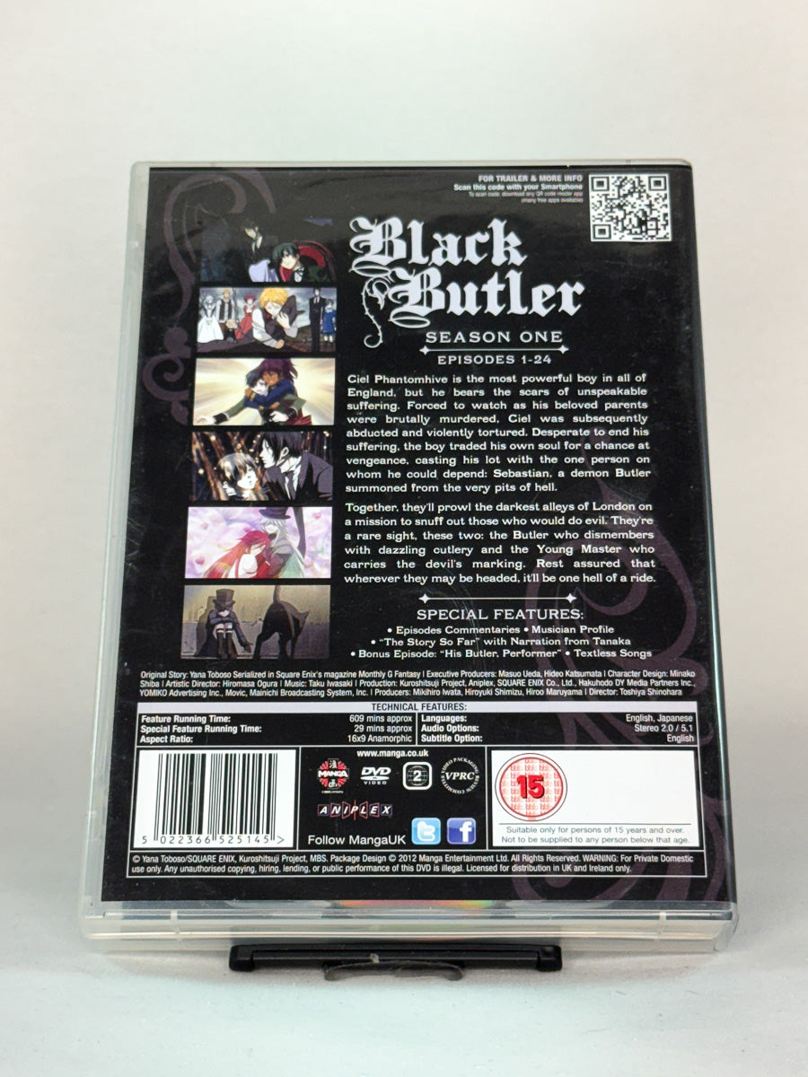 Bakside av DVD-cover til Black Butler – The Complete 1st Season – klassisk anime med demonbutleren Sebastian og hans unge herre Ciel – original brukt samleboks på DVD hos Brukbar Film.