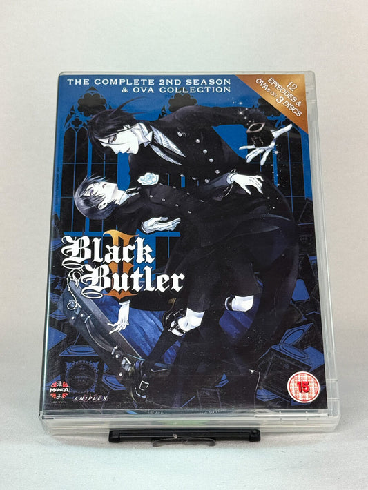 Forside av DVD-cover til Black Butler – The Complete 2nd Season & OVA Collection – mørk og stilfull anime med 12 episoder og OVA-spesialer – brukt animasjonsserie på DVD hos Brukbar Film.