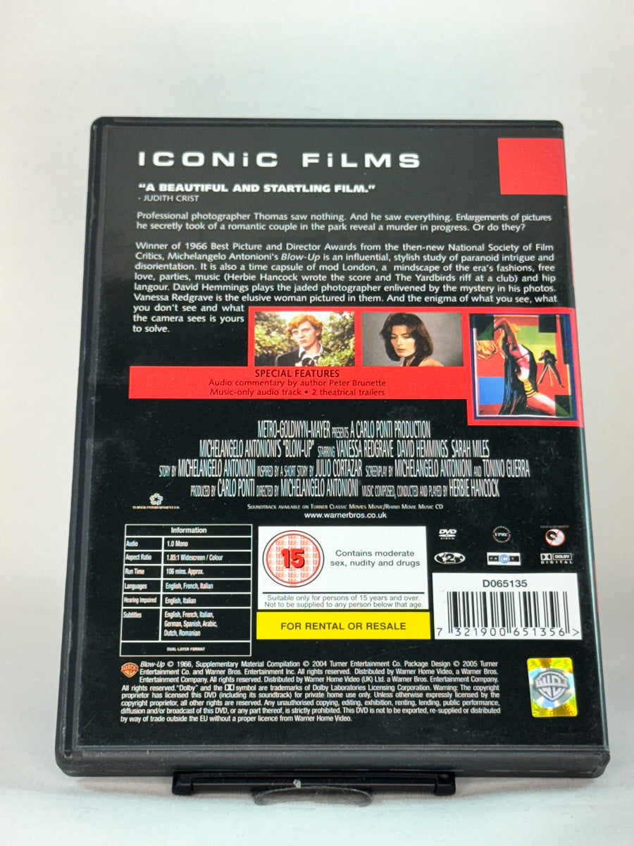 Bakside av DVD-cover til Blow-Up, bruktfilm hos nettbutikken Brukbar Film