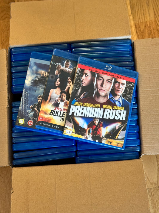 Eske med samling av Blu-ray filmer, brukt samling hos Brukbar Film