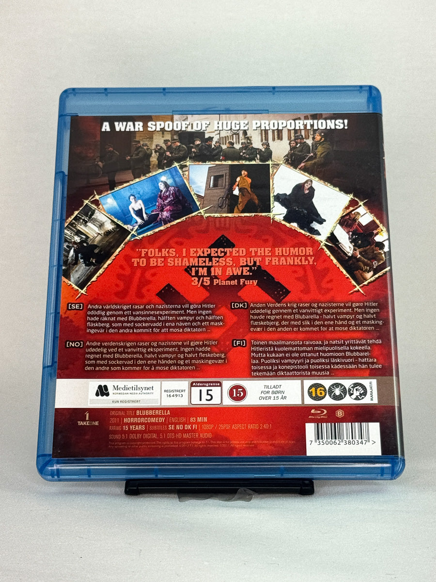 Bakside av Blu-ray-cover for Blubberella – brukt original Blu-ray kultkomedie fra Brukbar Film