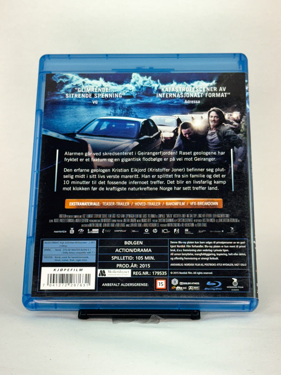 Bakside av Blu-ray-cover til filmen Bølgen – brukt Blu-ray utgivelse fra Brukbar Film