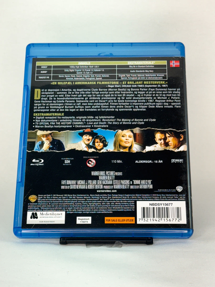 Bakside av Blu-ray-cover for Bonnie and Clyde – brukt original Blu-ray klassiker fra Brukbar Film