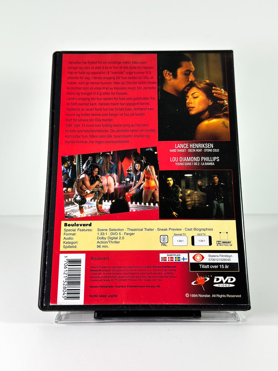 Bakside av cover til Boulevard, bruktfilm på DVD hos Brukbar Film