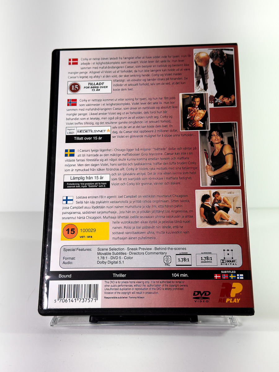 Bakside av cover til Bound, bruktfilm på DVD hos Brukbar Film
